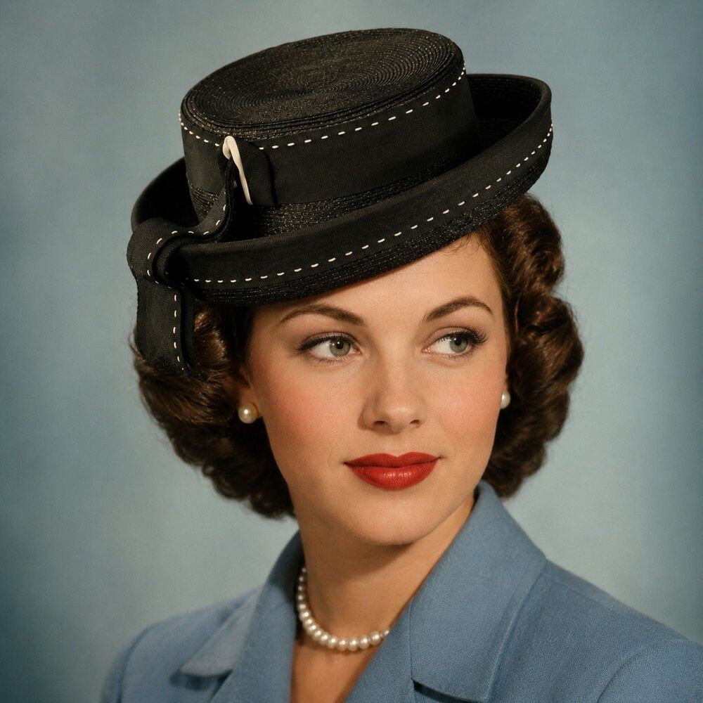 Vtg 1950s Valerie Modes Black Straw Boater Hat Skimmer Union Made USA Stitch Bow